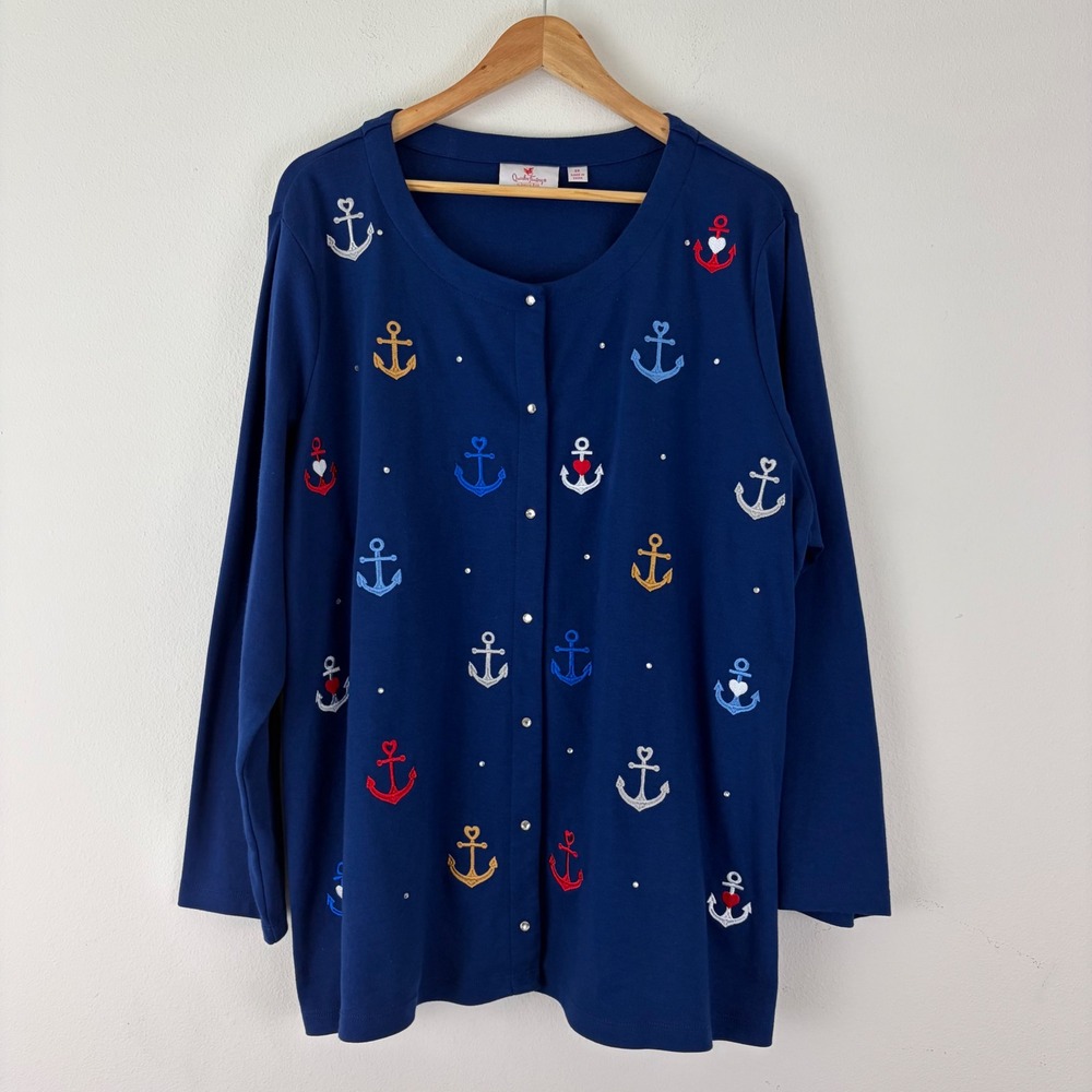 Quacker Factory 3X Navy Blue Nautical Embroidered Rhinestone Snap Front Cardigan